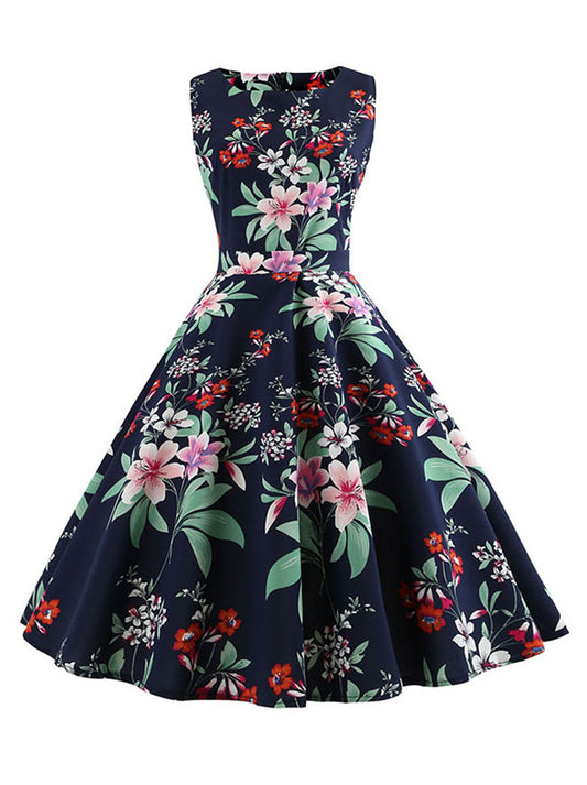 1950s Vintage Floral Printed Cocktail Party Spring Swing Dress