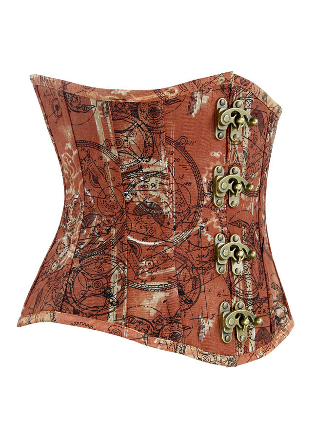 Vintage Retro Gear Pattern Steel Boned Lace Up Denim Underbust Corset