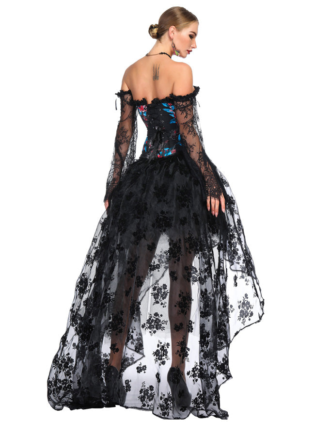 Steampunk Palace Series Women Lace Vintage Plastic Boned Lace Up Body Shapewear Overbust Off Shoulder Corset with Hi-Low Skirt Set Back View