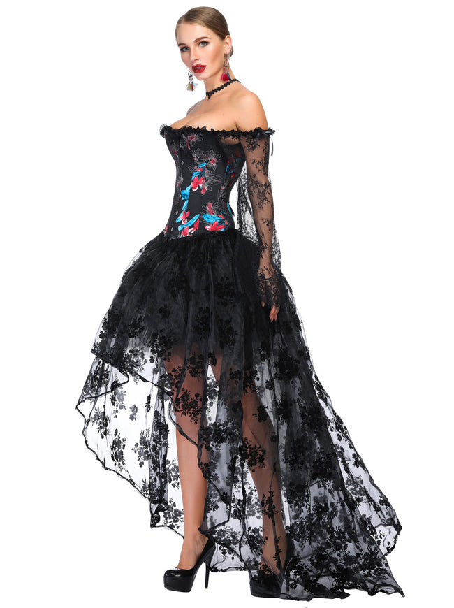 Victorian Burlesque High Quality Floral Women Satin Punk Gothic Strapless Overbust Corset Skirt Set Side View