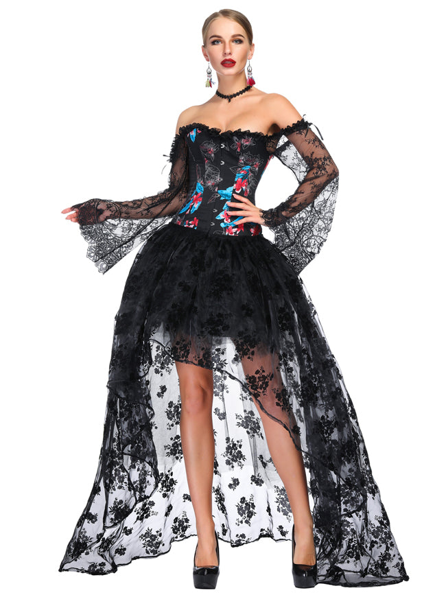 Steampunk Gothic Lace Sleeve Satin Off Shoulder Sweetheart Corset with Multilayer Skirt Set Main View