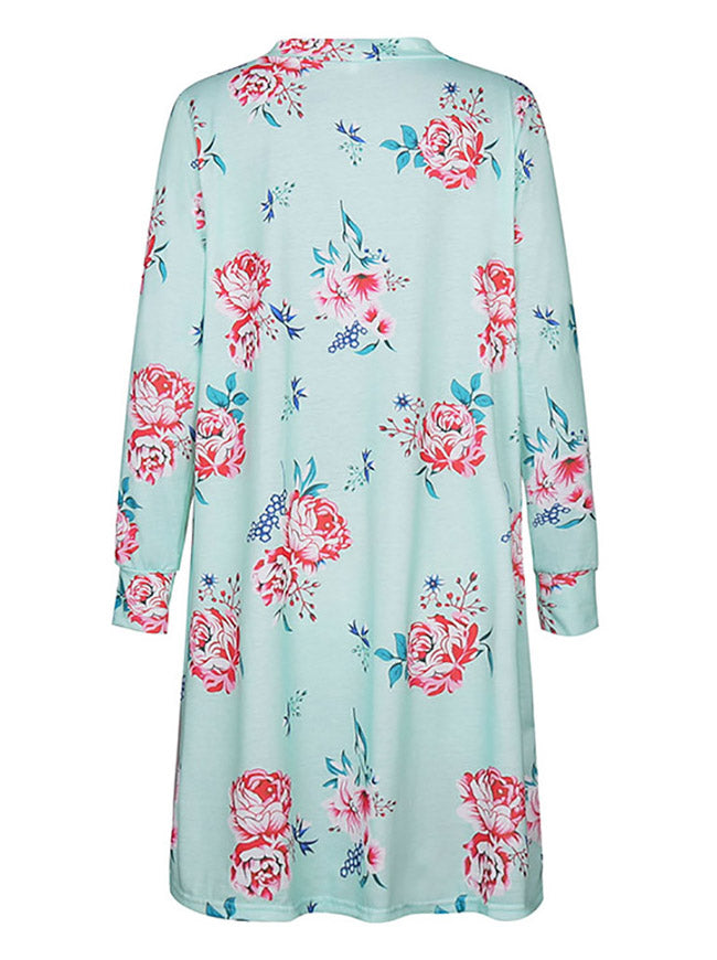 Women's Casual Floral Print Long Sleeve Shirt Loose Jacket Knit Coat Green Back View
