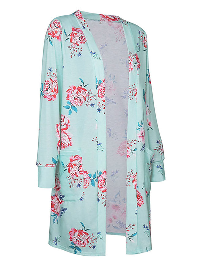 Women's All-Match Floral Print Long Sleeve Shirt Loose Winter Top Coat Green Side View