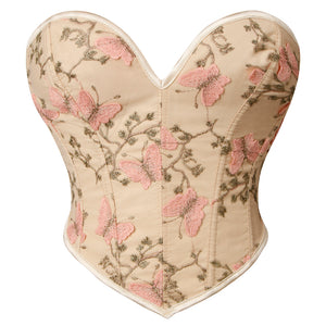 Embroidered Floral Bustier Top Strapless Boned Overbust Corset