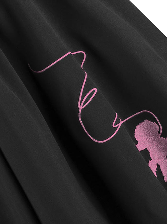 Women's Fashion Casual Embroidered High Waisted A Line Flared Pleated Skater Full Midi Skirt with Pockets Black Detail View