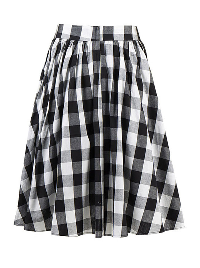Women's Vintage Plaid High Waisted A Line Flared Pleated Skater Full Midi Skirt with Pockets Black/White Back View