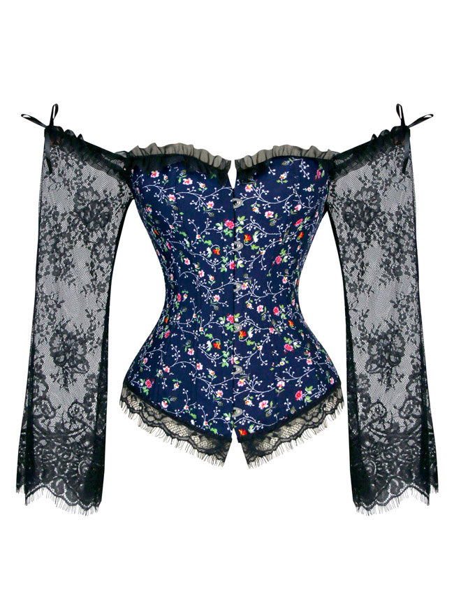 Steampunk Gothic Victorian Busk Closure Rural Flower Printed Plastic Boned Overbust Corset Top Main View