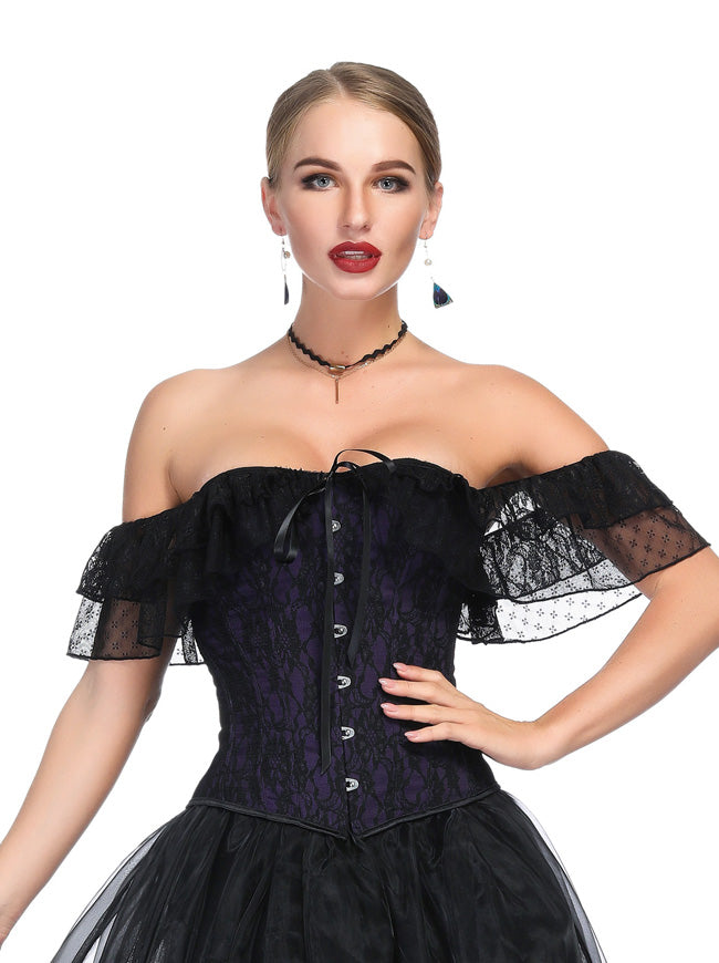 Victorian Steampunk Satin Lace Off Shoulder Overbust Corset Top