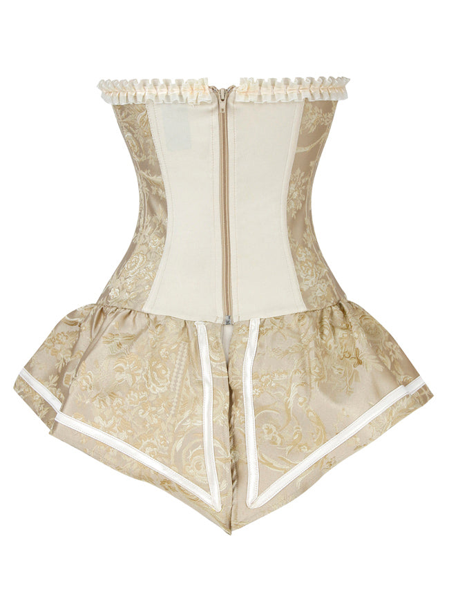 Women Victorian Jacquard Front Lace Up Overbust Cosplay Corset Yellow Back View