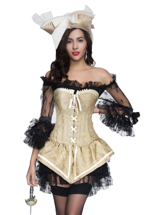 Women Retro Elegant Jacquard Front Lace Up Overbust Corset Yellow Main View