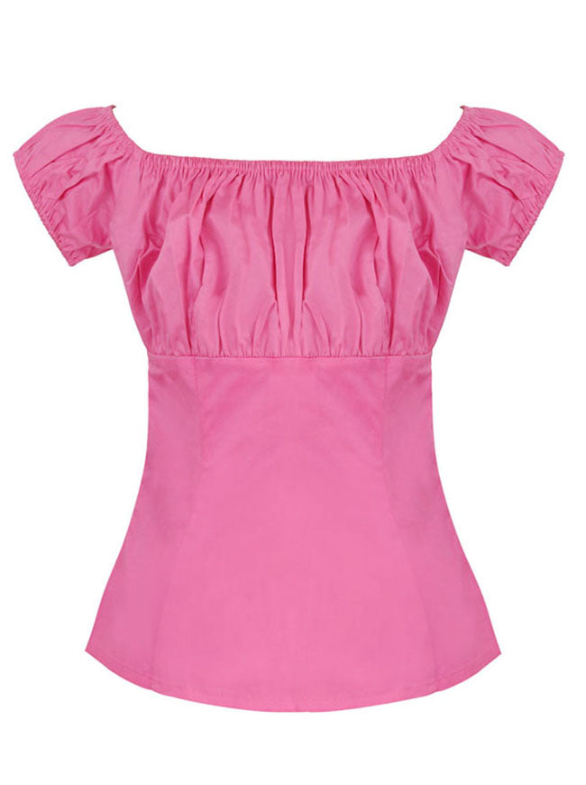 Vintage Lady Pink Pleats Off-The-Shoulder Peasant Ruffle T-shirt Top Back View