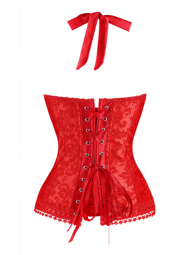 Women's Retro Elegant Halter Satin Jacquard Lace Edge Overbust Corset Red Back View