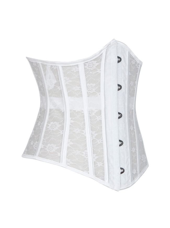 Women's Retro Floral Lace See-through Mesh Steel Boned Waist Cincher Training Underbust Corset White Side View