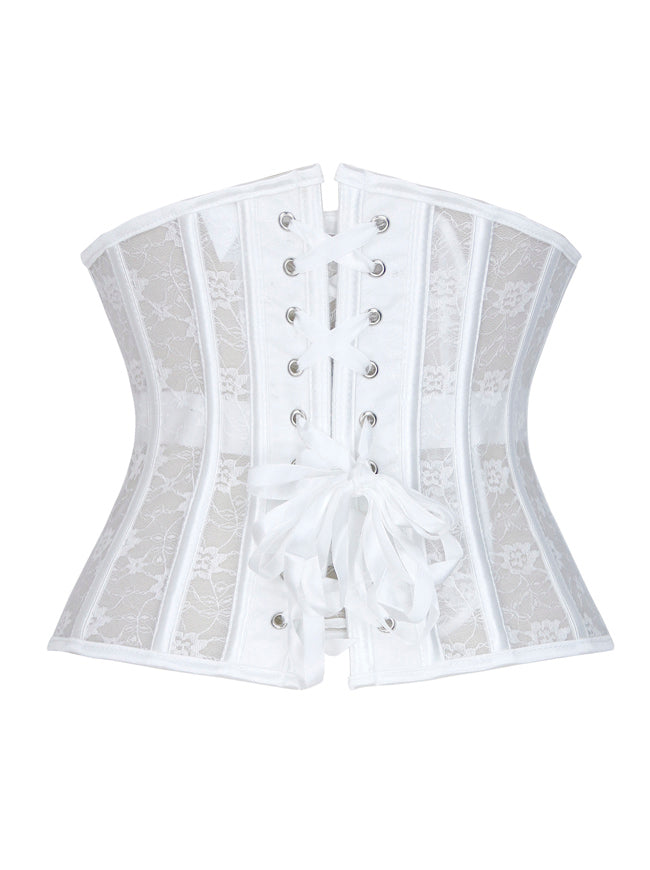 Women's Vintage Floral Lace See-through Mesh Steel Boned Waist Cincher Wedding Underbust Corset White Back View