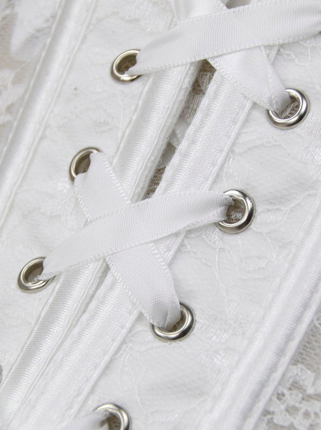 Women's Gothic Floral Lace See-through Mesh Steel Boned Bridal Lingerie Corset White Detail View