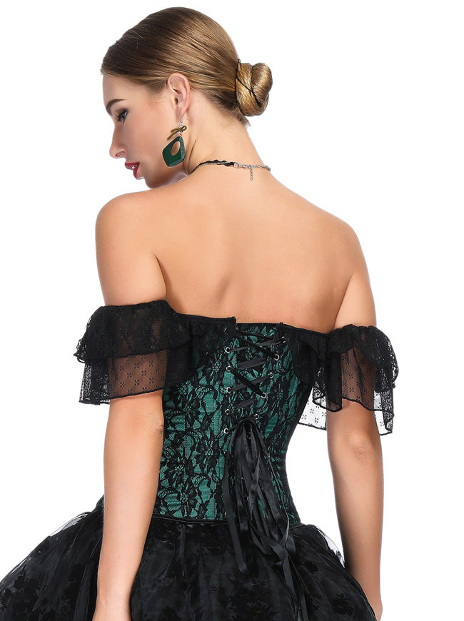 Unique Off Shoulder Floral Lace Up Retro Overbust Corset