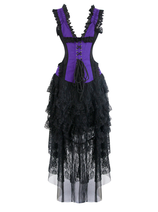 Steampunk Retro Burlesque Mesh Spiral Steel Boned Body Shapewear Corset with High Low Skirt Dress Set Back View