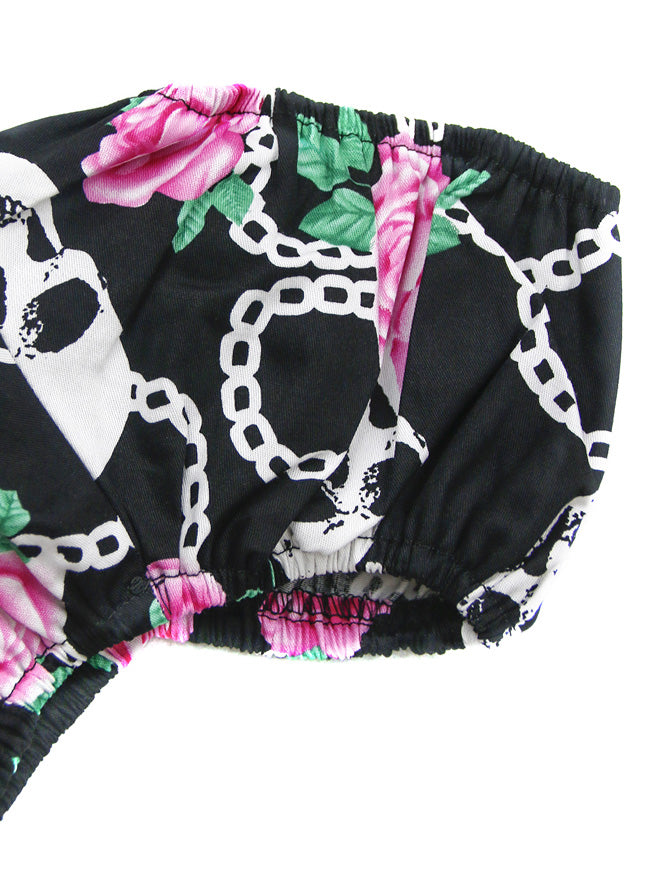 Women's Short Sleeves Ruffled Skull and Flower Print Off Shoulder T-shirt Blouse Top Black/Skull Detail View