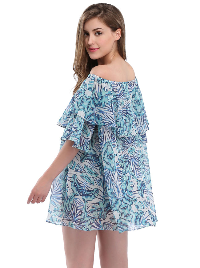 Women's Sexy Summer Floral Print Off the Shoulder Chiffon Blouse Loose Tops Blue Side View